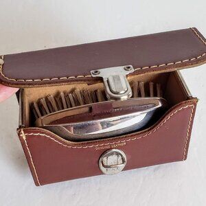 Vintage Genuine Leather BRUSH CASE with SILVER PLATED BRUSH Hair Clothes Unisex